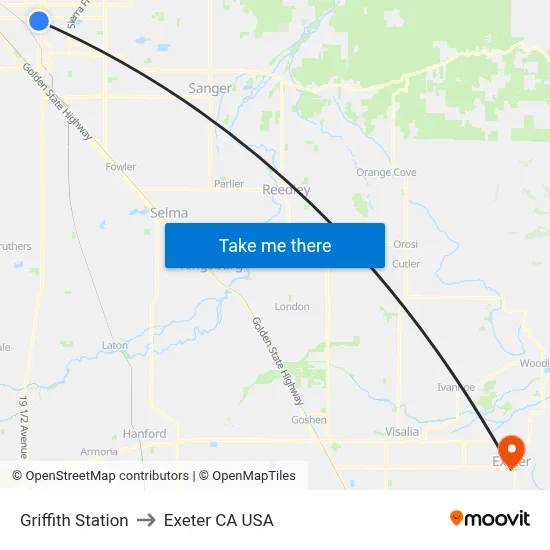 Griffith Station to Exeter CA USA map