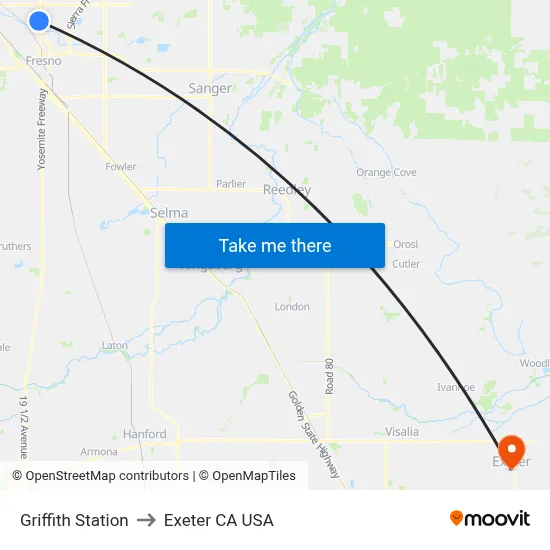 Griffith Station to Exeter CA USA map