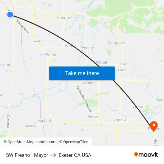 SW Fresno - Mayor to Exeter CA USA map