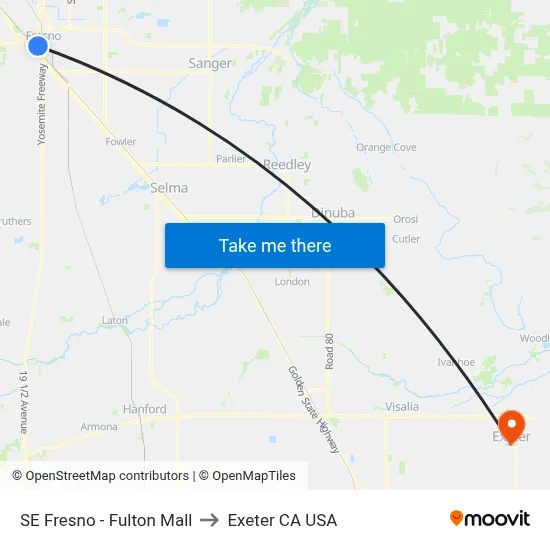 SE Fresno - Fulton Mall to Exeter CA USA map