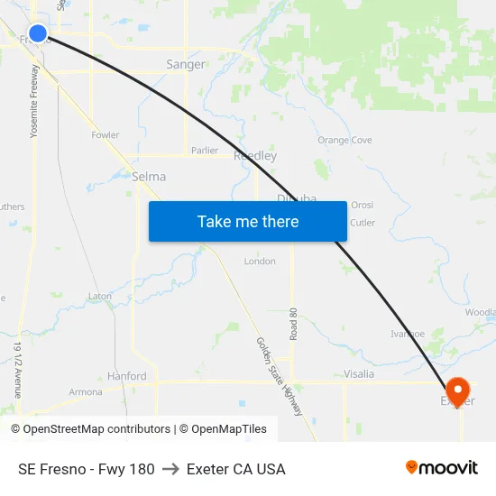 SE Fresno - Fwy 180 to Exeter CA USA map