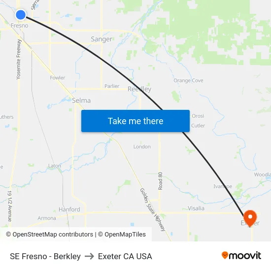 SE Fresno - Berkley to Exeter CA USA map
