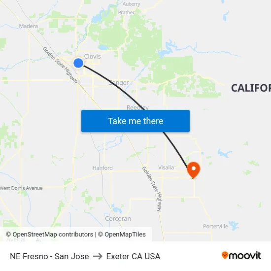 NE Fresno - San Jose to Exeter CA USA map