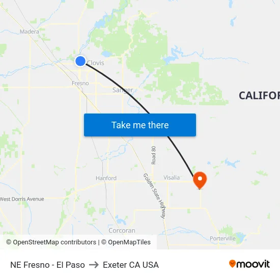 NE Fresno - El Paso to Exeter CA USA map