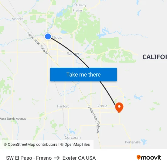 SW El Paso - Fresno to Exeter CA USA map