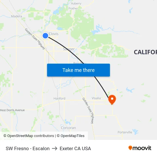 SW Fresno - Escalon to Exeter CA USA map