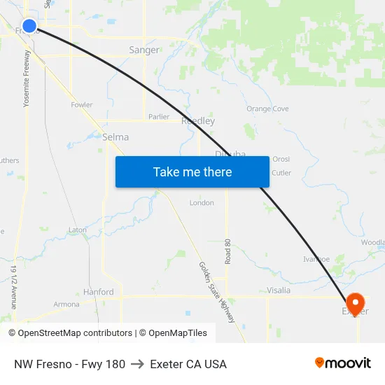 NW Fresno - Fwy 180 to Exeter CA USA map