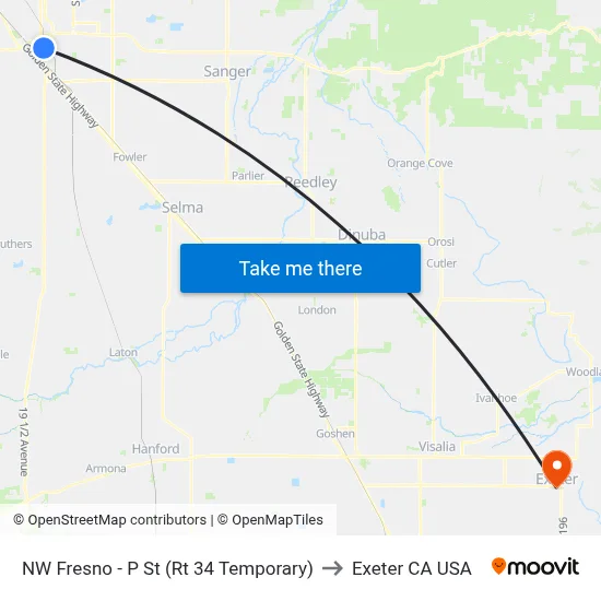NW Fresno - P St (Rt 34 Temporary) to Exeter CA USA map