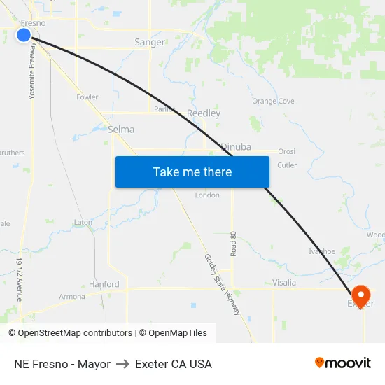 NE Fresno - Mayor to Exeter CA USA map
