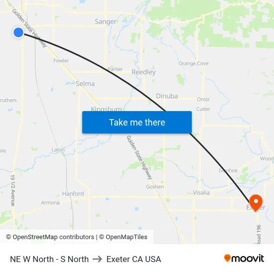 NE W North - S North to Exeter CA USA map
