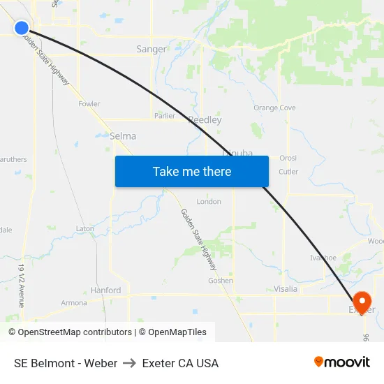 SE Belmont - Weber to Exeter CA USA map