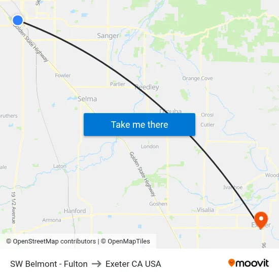 SW Belmont - Fulton to Exeter CA USA map