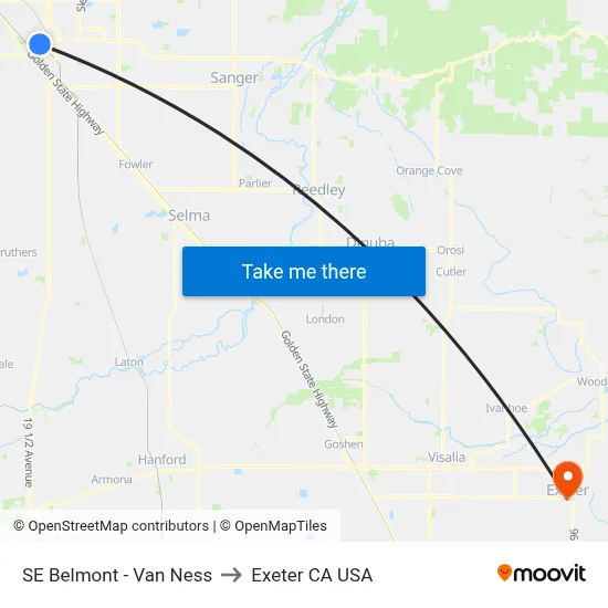 SE Belmont - Van Ness to Exeter CA USA map