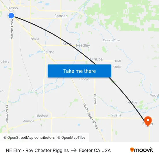 NE Elm - Rev Chester Riggins to Exeter CA USA map