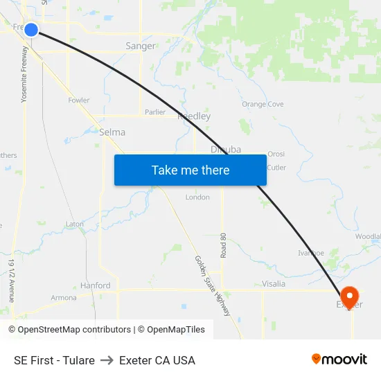 SE First - Tulare to Exeter CA USA map