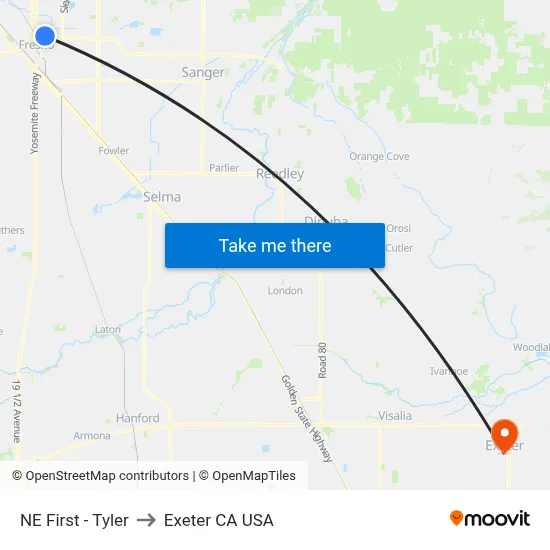 NE First - Tyler to Exeter CA USA map
