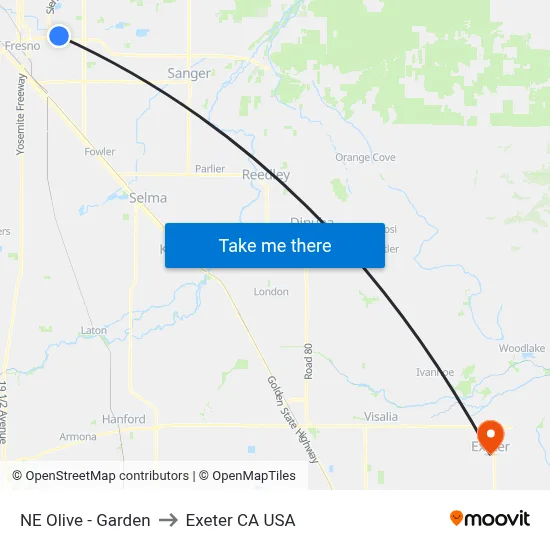 NE Olive - Garden to Exeter CA USA map
