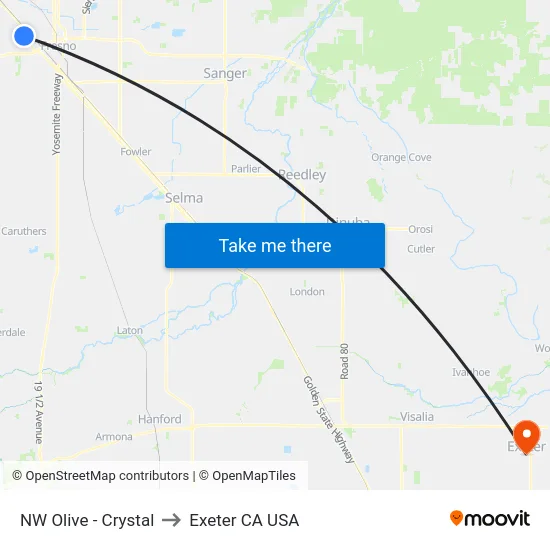 NW Olive - Crystal to Exeter CA USA map