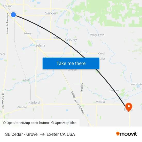 SE Cedar - Grove to Exeter CA USA map