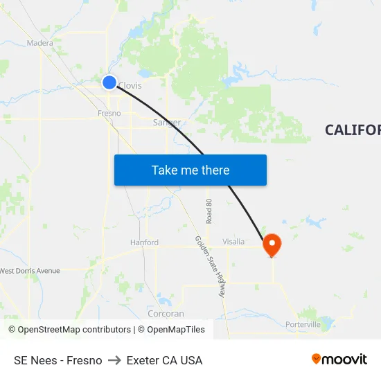SE Nees - Fresno to Exeter CA USA map