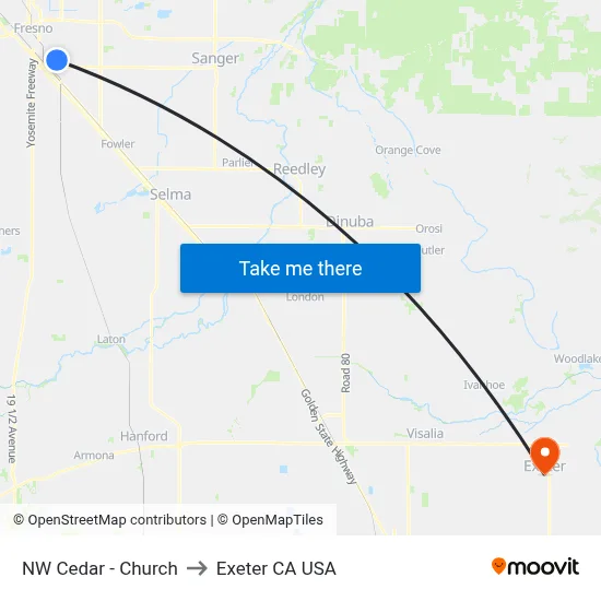 NW Cedar - Church to Exeter CA USA map