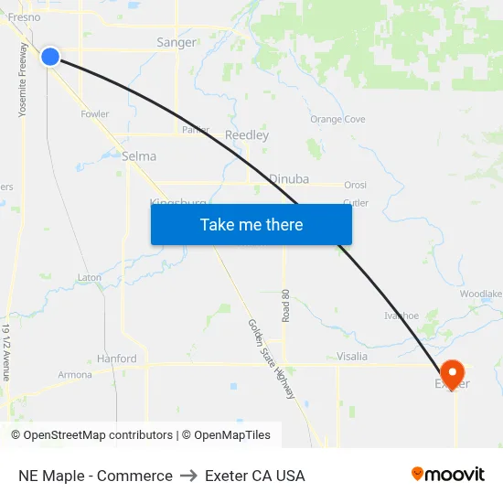 NE Maple - Commerce to Exeter CA USA map