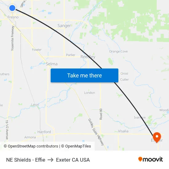 NE Shields - Effie to Exeter CA USA map
