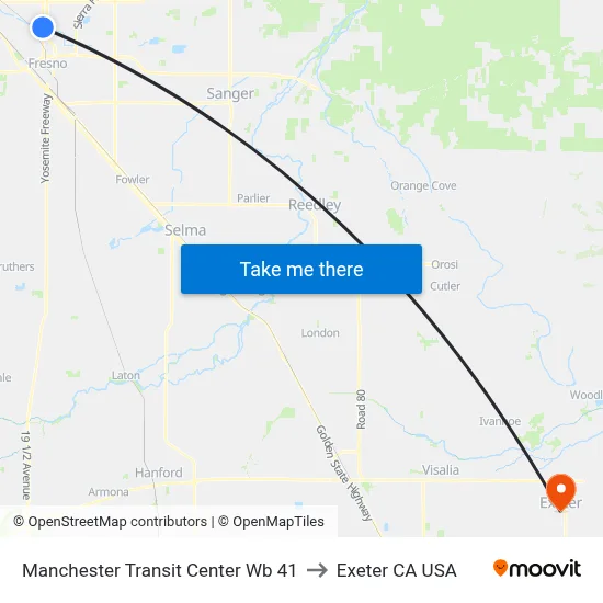 Manchester Transit Center Wb 41 to Exeter CA USA map
