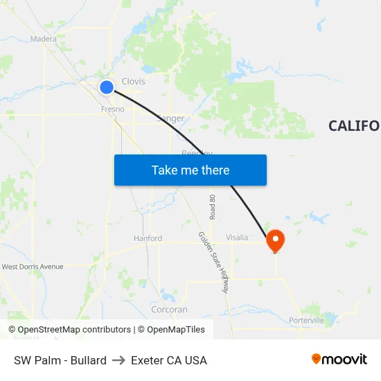 SW Palm - Bullard to Exeter CA USA map