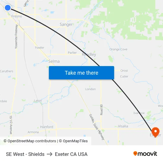 SE West - Shields to Exeter CA USA map