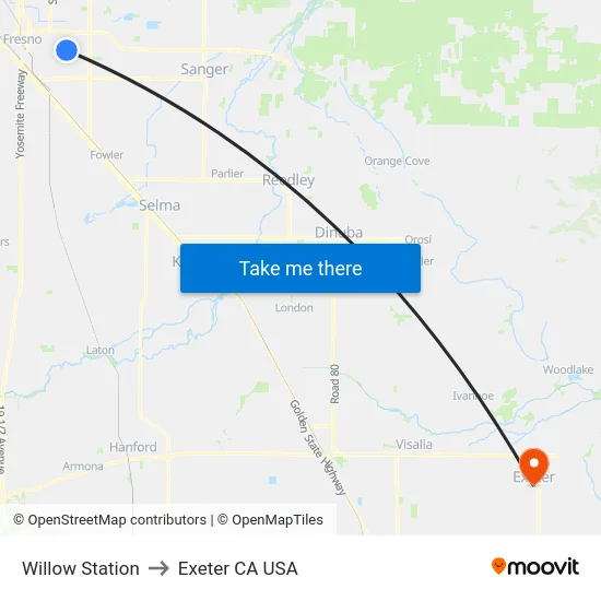 Willow Station to Exeter CA USA map