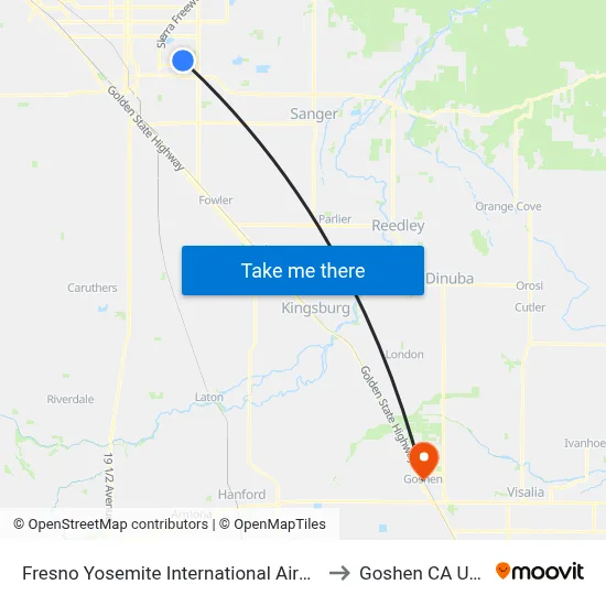 Fresno Yosemite International Airport to Goshen CA USA map