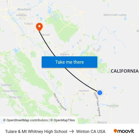 Tulare & Mt Whitney High School to Winton CA USA map