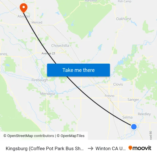 Kingsburg (Coffee Pot Park Bus Shelter) to Winton CA USA map