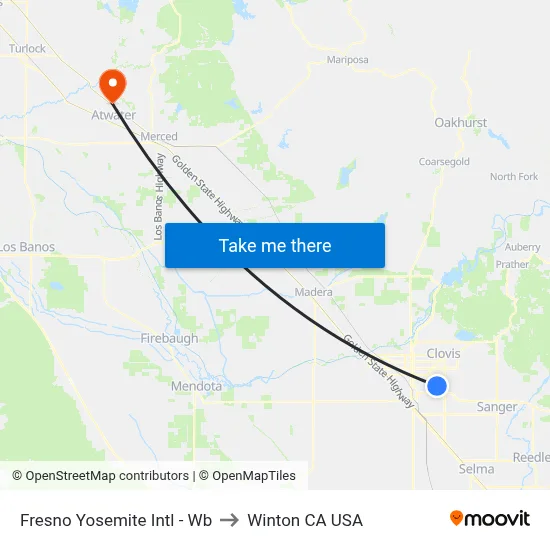Fresno Yosemite International Airport to Winton CA USA map