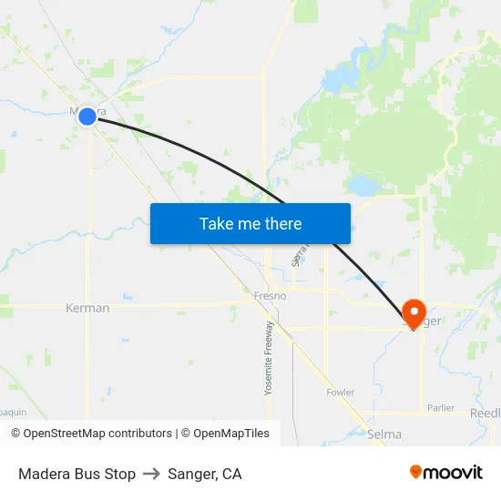 Madera Bus Stop to Sanger, CA map