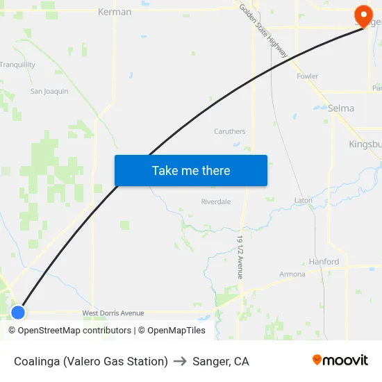 Coalinga (Valero Gas Station) to Sanger, CA map
