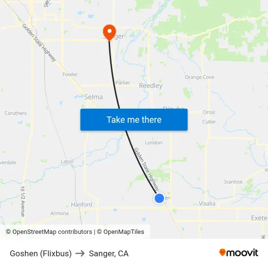Goshen (Flixbus) to Sanger, CA map