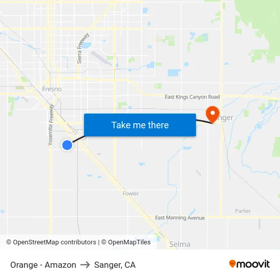 Orange - Amazon to Sanger, CA map