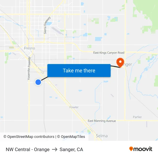 NW Central - Orange to Sanger, CA map