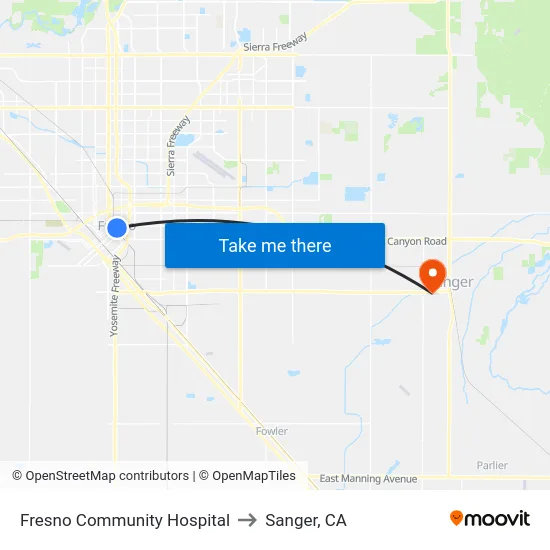 Fresno Community Hospital to Sanger, CA map