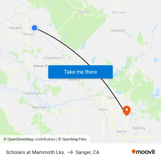 Scholars at Mammoth Lks. to Sanger, CA map