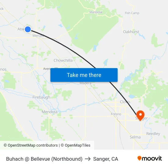 Buhach @ Bellevue (Northbound) to Sanger, CA map
