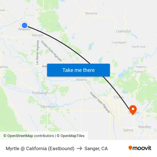 Myrtle @ California (Eastbound) to Sanger, CA map