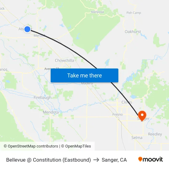 Bellevue @ Constitution (Eastbound) to Sanger, CA map