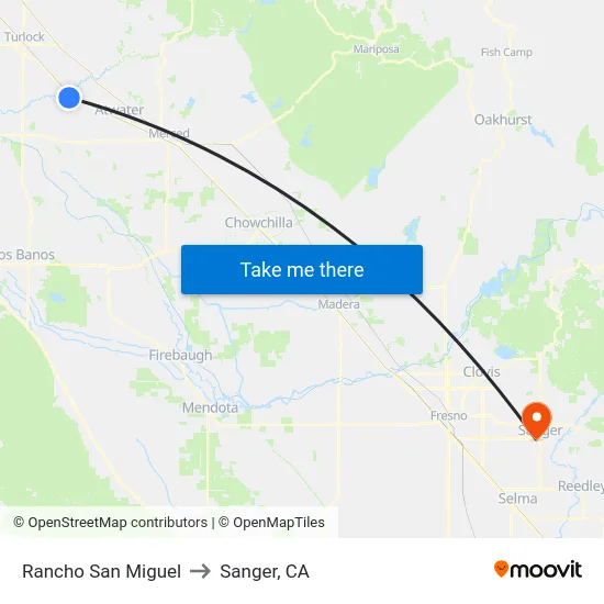 Rancho San Miguel to Sanger, CA map