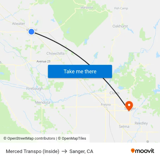 Merced Transpo (Inside) to Sanger, CA map