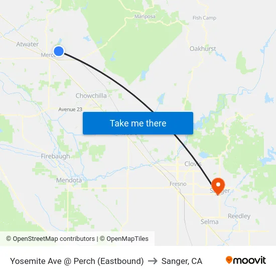 Yosemite Ave @ Perch (Eastbound) to Sanger, CA map
