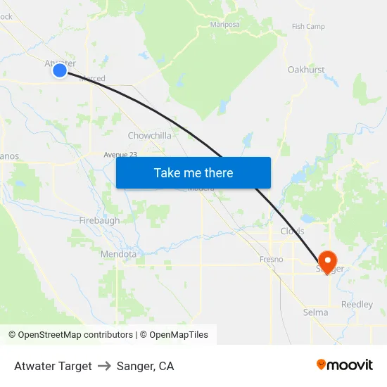 Atwater Target to Sanger, CA map
