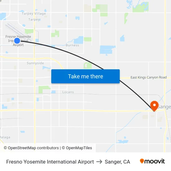 Fresno Yosemite International Airport to Sanger, CA map